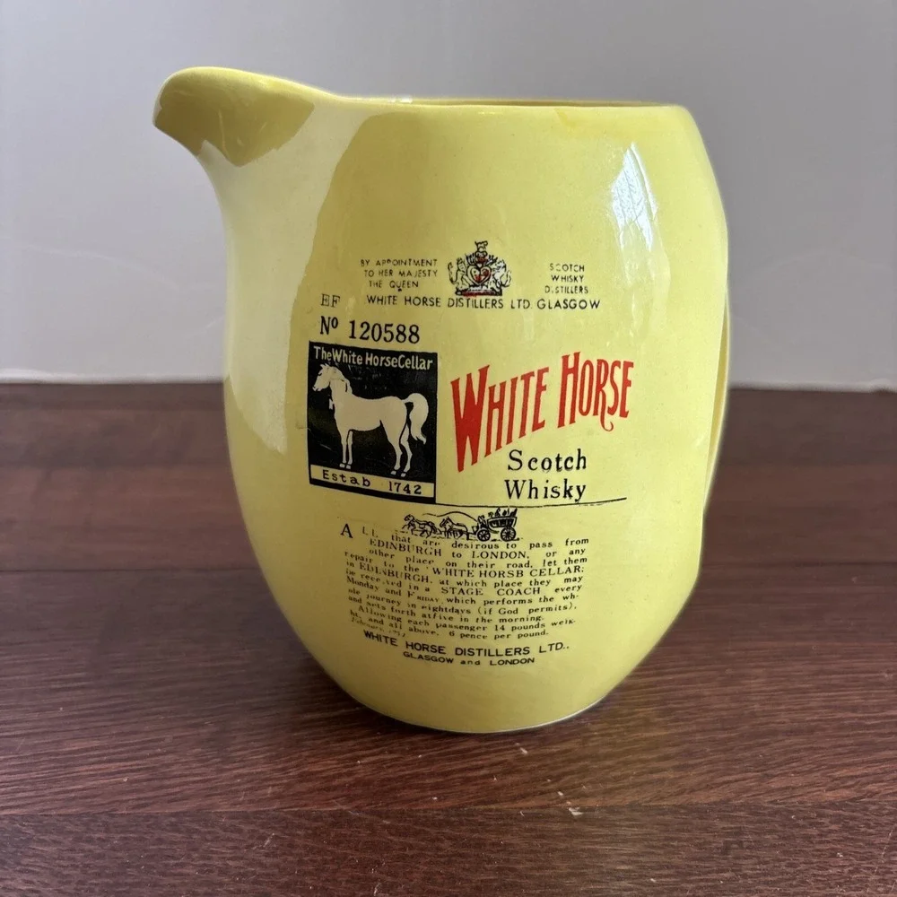 White Horse Scotch‎ Whiskey Yellow Ceramic Pitcher Made In Japan Sticker